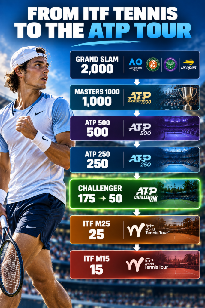 professional men's tennis tournament hierarchy from ITF to ATP Challenger and ATP Tour