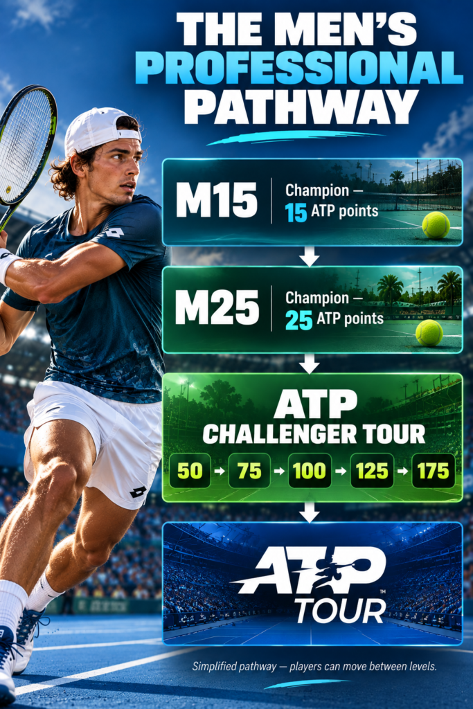men's professional tennis pathway from M15 and M25 to ATP Challenger and ATP Tour