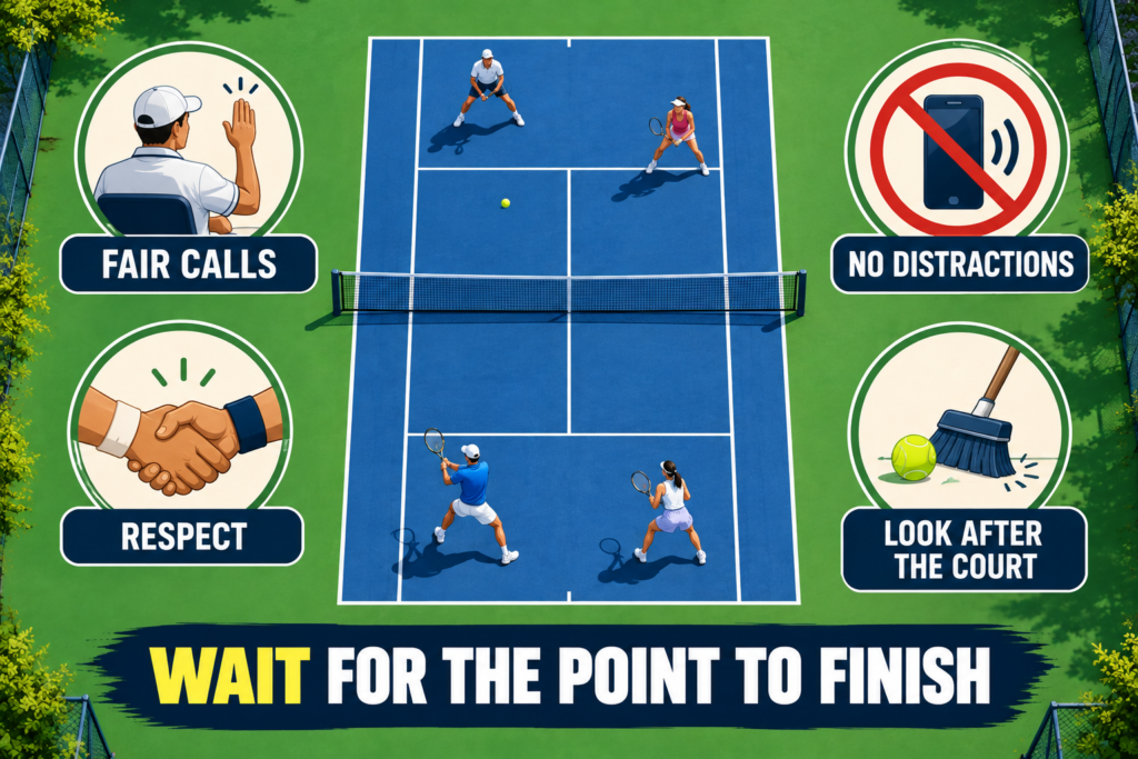 Tennis court etiquette graphic showing fair play, respect and court care