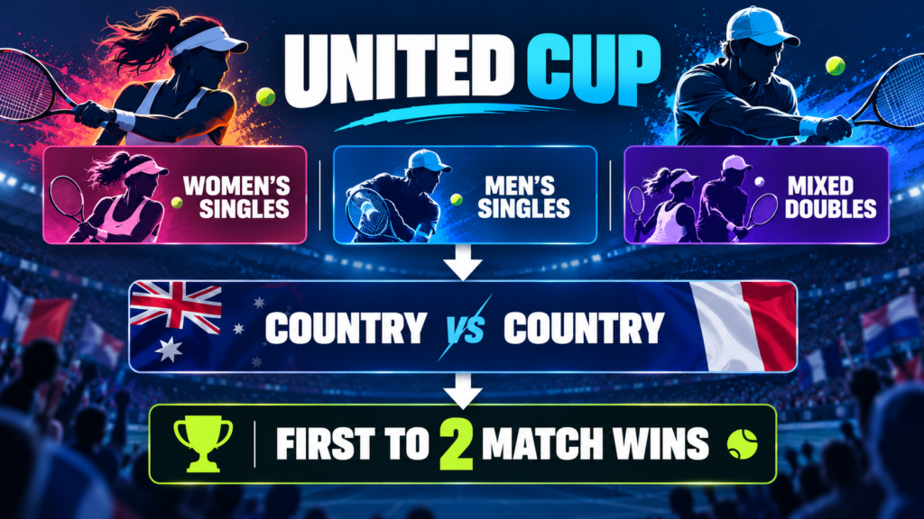 ALT text: United Cup format with men's singles women's singles and mixed doubles