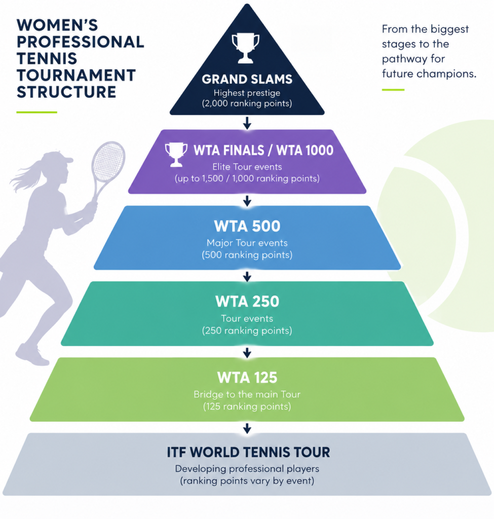 Women's professional tennis tournament structure from Grand Slams and WTA 1000 events to the ITF World Tennis Tour