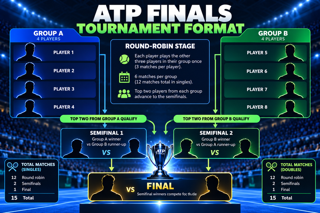 The ATP Finals use two round-robin groups before the top four players advance to the knockout stage.