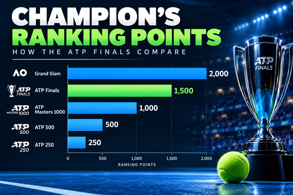 An undefeated ATP Finals champion can earn 1,500 ranking points, more than the winner of an ATP Masters 1000 tournament.